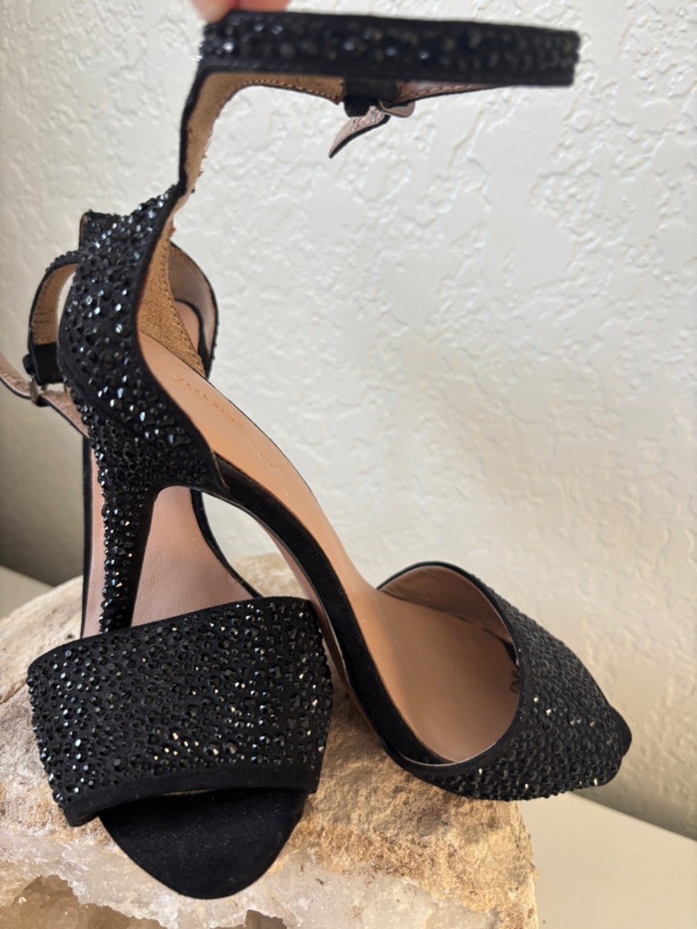 Zara Black Crystal Embellished Ankle-Strap Heels